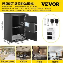 Värdeskåp, 60L brandsäkert kassaskåp med fingeravtryckslås och digital knappsats, 35x30x47 cm, svart, stål