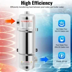 Värmeväxlare för pool i rostfritt stål, 60 kW, SPA-termostatvärmare, cirkulationsuppvärmning, silver