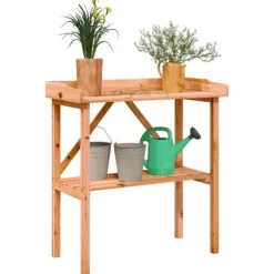 Växtbord med hylla i massivt granträ - Perfekt för trädgård och uteplats | Färg: Brun | Storlek: 78x38x82,5 cm