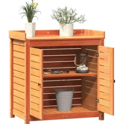 Växtbord med hyllor i massiv furu - Planteringsbord för trädgård | Färg: Brun | Storlek: 82,5x50x86,5 cm