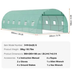 Växthus, Gångtunnel, 890x295x198 cm, Grön, Stålram