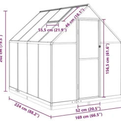 Växthus i aluminium 224x169x202 cm - Väderbeständig & UV-skydd | Färg: Silver | Storlek: 224x169x202 cm