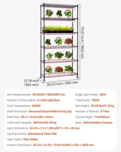 Växthylla med odlingslampa/växtlampa - 6-vånings växtställ - 180 cm Högt - LED 150 W 3800 K Fullspektrum - Hjul - Timer - För inomhusväxter
