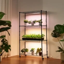 Växthyllla, 4-nivå inomhus växtställ med växtbelysning, 90x35x150 cm, metall