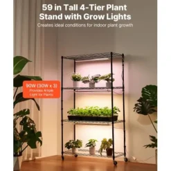 Växthyllla, 4-nivå inomhus växtställ med växtbelysning, 90x35x150 cm, metall