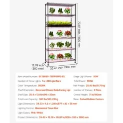 Växthyllla, 6-nivåers inomhus växtställ med växtbelysning, 90x35x180 cm, metall
