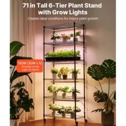 Växthyllla, 6-nivåers inomhus växtställ med växtbelysning, 75x35x180 cm