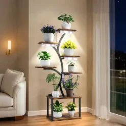 Växtställ & Blomhylla - Hörnmodell i trä - Trädform - 7 Hyllplan - 151 cm - Med LED-belysning - Inomhus - Grå