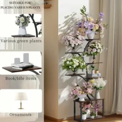 Växtställ & Blomhylla - Hörnmodell i trä - Trädform - 7 Hyllplan - 151 cm - Med LED-belysning - Inomhus - Grå