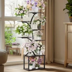 Växtställ & Blomhylla - Hörnmodell i trä - Trädform - 7 Hyllplan - 151 cm - Med LED-belysning - Inomhus - Grå