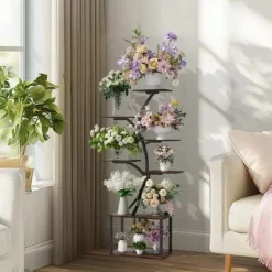 Växtställ & Blomhylla - Hörnmodell i trä - Trädform - 7 Hyllplan - 151 cm - Med LED-belysning - Inomhus - Grå