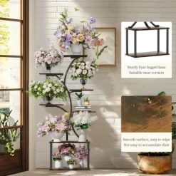 Växtställ & Blomhylla - Hörnmodell i trä - Trädform - 7 Hyllplan - 151 cm - Med LED-belysning - Inomhus - Grå