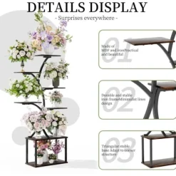 Växtställ & Blomhylla - Hörnmodell i trä - Trädform - 7 Hyllplan - 151 cm - Med LED-belysning - Inomhus - Grå