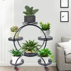 Växtställ - Blomkrukshylla 4 våningar - Metall - Med hjul - Robust - Rund design - Svart