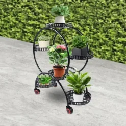 Växtställ - Blomkrukshylla 4 våningar - Metall - Med hjul - Robust - Rund design - Svart
