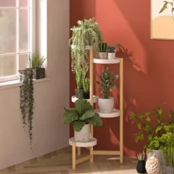 Växtställ - Hörn, rund blomhylla för krukor - 4 Nivåer - Inomhus/Utomhus - Trä - Orange