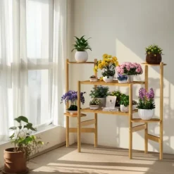 Växtställ - Hörnblomhylla i bambu 6 nivåer - Storlek L - För blomkrukor inomhus/ute - Gul