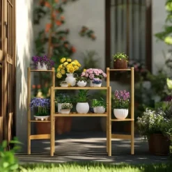 Växtställ - Hörnblomhylla i bambu 6 nivåer - Storlek L - För blomkrukor inomhus/ute - Gul