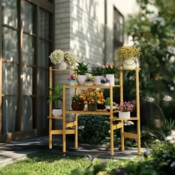 Växtställ - Hörnblomhylla i bambu 6 nivåer - Storlek L - För blomkrukor inomhus/ute - Gul