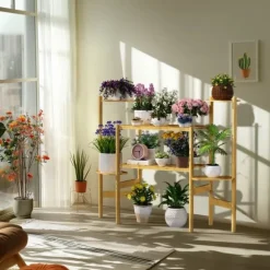 Växtställ - Hörnblomhylla i bambu 6 nivåer - Storlek L - För blomkrukor inomhus/ute - Gul