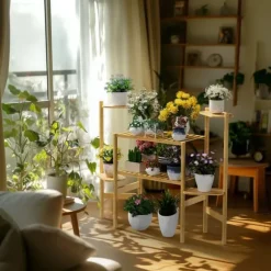 Växtställ - Hörnblomhylla i bambu 6 nivåer - Storlek L - För blomkrukor inomhus/ute - Gul