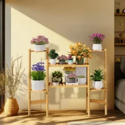 Växtställ - Hörnblomhylla i bambu 6 nivåer - Storlek L - För blomkrukor inomhus/ute - Gul