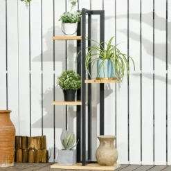 Växtställ 4 nivåer justerbart 110 cm trä svart/natur för inne/ute