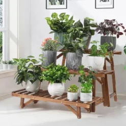 Växtställ - Steghylla - 3 Nivåer - Trä - För Inne/Utomhus - Montering Krävs - Brun