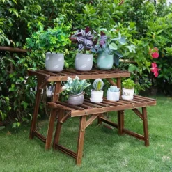 Växtställ - Steghylla - 3 Nivåer - Trä - För Inne/Utomhus - Montering Krävs - Brun