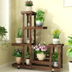 Växtställ - 6-vånings träblomhylla - Vertikal flernivå - Inomhus/utomhus - Karboniserat trä - Montering krävs - Brun