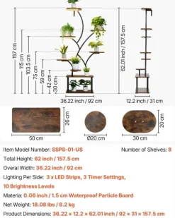 Växtställ - Växthylla med odlingslampor - 8 Våningar - Höjd 157,5 cm - Trädformad Hörnmodell - 3 Timerlägen - 10 Ljusstyrkor - Växtbelysning