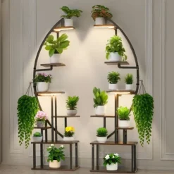 Växtställ för inomhusbruk - Halvmåneformad hörnhylla för växter med LED odlingslampor - Sju våningar - Höjd 166,5 cm - Tre tidslägen - Set om 2