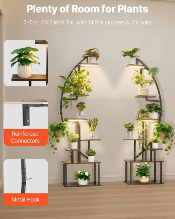 Växtställ för inomhusbruk - Halvmåneformad hörnhylla för växter med LED odlingslampor - Sju våningar - Höjd 166,5 cm - Tre tidslägen - Set om 2