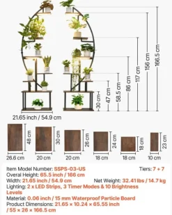 Växtställ för inomhusbruk - Halvmåneformad hörnhylla för växter med LED odlingslampor - Sju våningar - Höjd 166,5 cm - Tre tidslägen - Set om 2