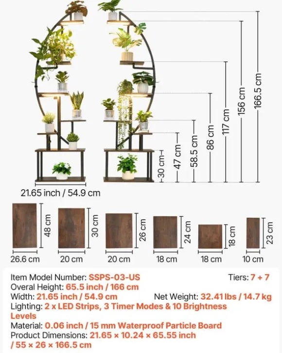 Växtställ för inomhusbruk - Halvmåneformad hörnhylla för växter med LED odlingslampor - Sju våningar - Höjd 166,5 cm - Tre tidslägen - Set om 2