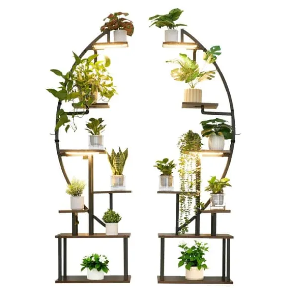 Växtställ för inomhusbruk - Halvmåneformad hörnhylla för växter med LED odlingslampor - Sju våningar - Höjd 166,5 cm - Tre tidslägen - Set om 2