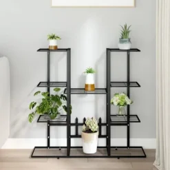 Växtställ i svart järn - Hållbar och stabil hylla för växter | Storlek: 94,5x25x89 cm