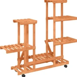 Växtställ med hjul i massiv furu | Storlek: 95x25x101 cm | Färg: Naturlig träfinér