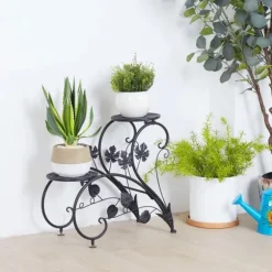 Växtställ 2-pack - Blomhylla - Rostbeständig metall - Fyra våningar - Inne/ute balkong trädgård kontor - Montering - Svart