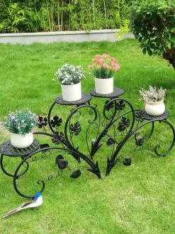 Växtställ 2-pack - Blomhylla - Rostbeständig metall - Fyra våningar - Inne/ute balkong trädgård kontor - Montering - Svart