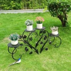 Växtställ 2-pack - Blomhylla - Rostbeständig metall - Fyra våningar - Inne/ute balkong trädgård kontor - Montering - Svart