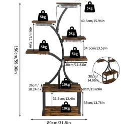Växtställning, flervåningsdesign, integrerade LED-växtlampor,Brun