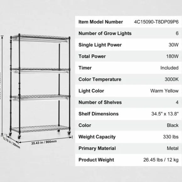 Växtställning med växtlampor 180W, justerbar höjd, energieffektiv belysning, 59,1 cm hög, perfekt för inomhusodling och snabb tillväxt