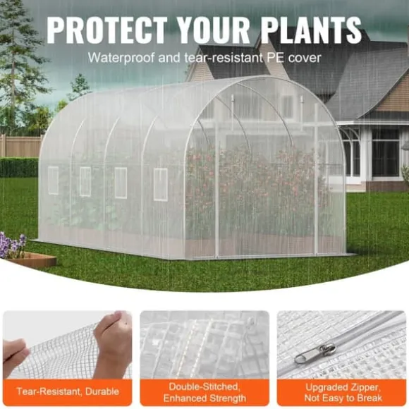 Walk-in Tunnelväxthus 14,6x6,36x6,3ft, Galvaniserad Ram, PE-Överdrag, Vit, Stort Utrymme, Hållbar Konstruktion