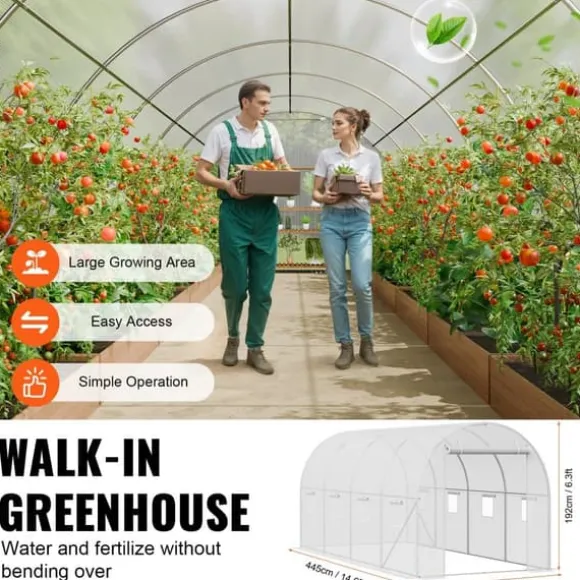 Walk-in Tunnelväxthus 14,6x6,36x6,3ft, Galvaniserad Ram, PE-Överdrag, Vit, Stort Utrymme, Hållbar Konstruktion