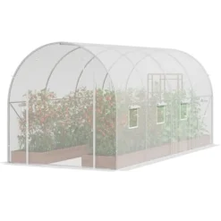 Walk-in Tunnelväxthus 14,6x6,36x6,3ft, Galvaniserad Ram, PE-Överdrag, Vit, Stort Utrymme, Hållbar Konstruktion