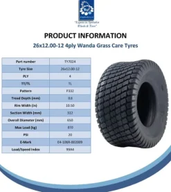 26x12.00-12 Däck för gräsklippare 4-lagers Turf Grass P332 Journey Road Legal (uppsättning om 4)