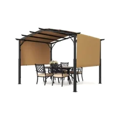 10x12 ft Utomhuspergola med Baldakin, Utfällbar Bågformad Metallpergola, Robust och Väderbeständig