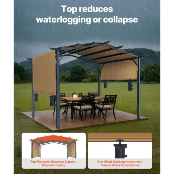 10x12 ft Utomhuspergola med Baldakin, Utfällbar Bågformad Metallpergola, Robust och Väderbeständig