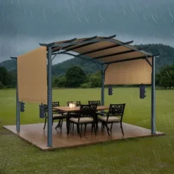 10x12 ft Utomhuspergola med Baldakin, Utfällbar Bågformad Metallpergola, Robust och Väderbeständig